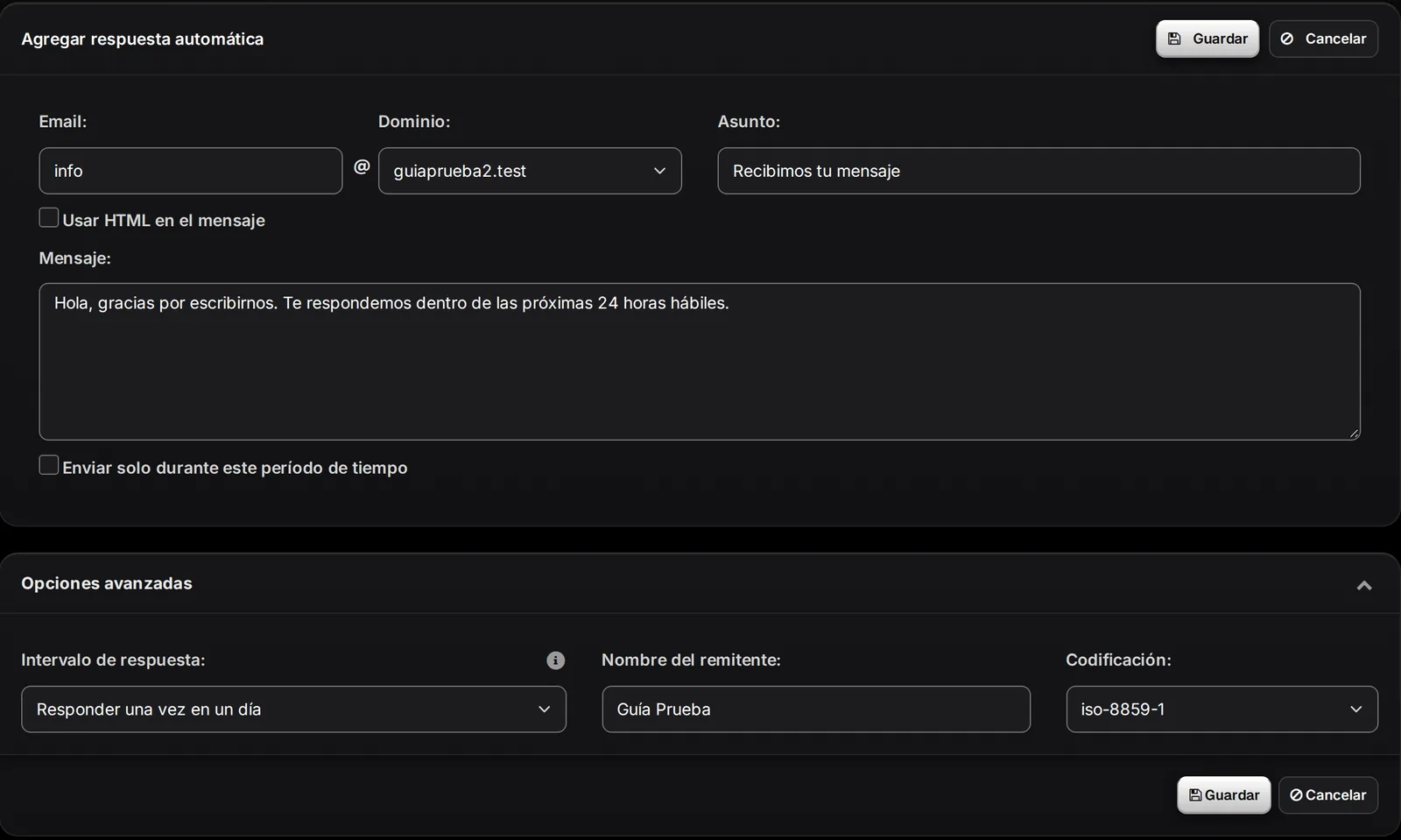 Formulario Agregar respuesta automática completo, con las Opciones avanzadas abiertas