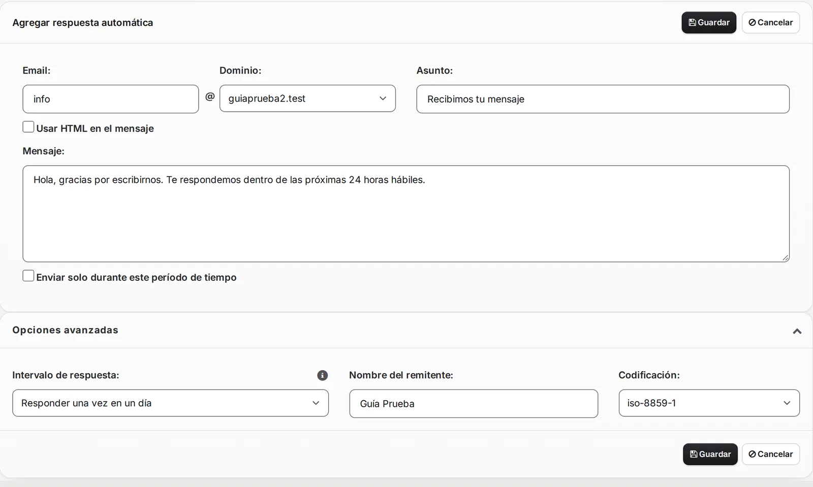 Formulario Agregar respuesta automática completo, con las Opciones avanzadas abiertas