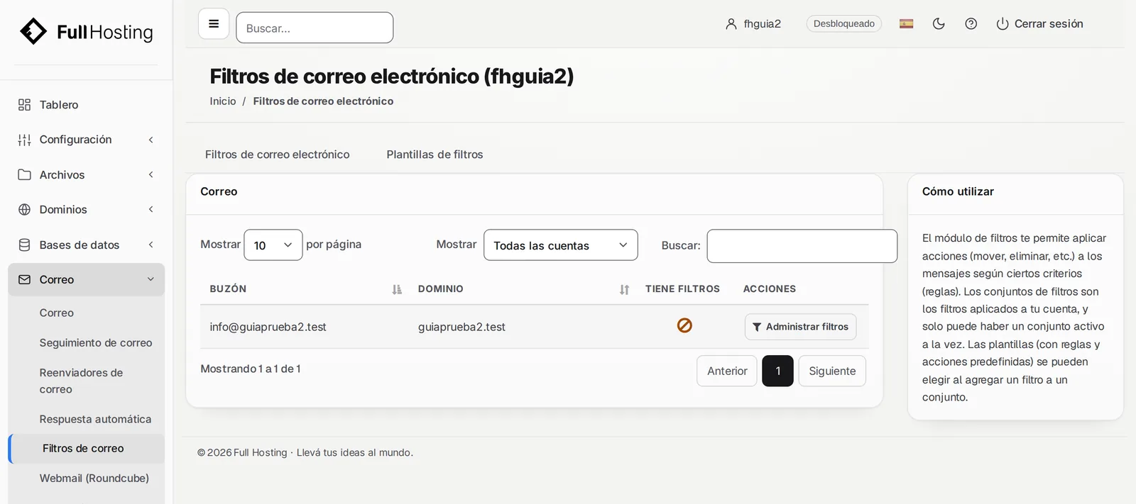 Lista de casillas en Filtros de correo electrónico con el botón Administrar filtros