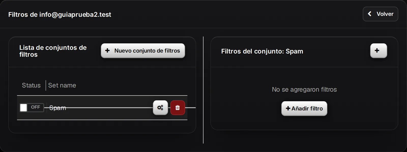 Conjunto de filtros Spam recién creado, todavía apagado, con el botón Añadir filtro