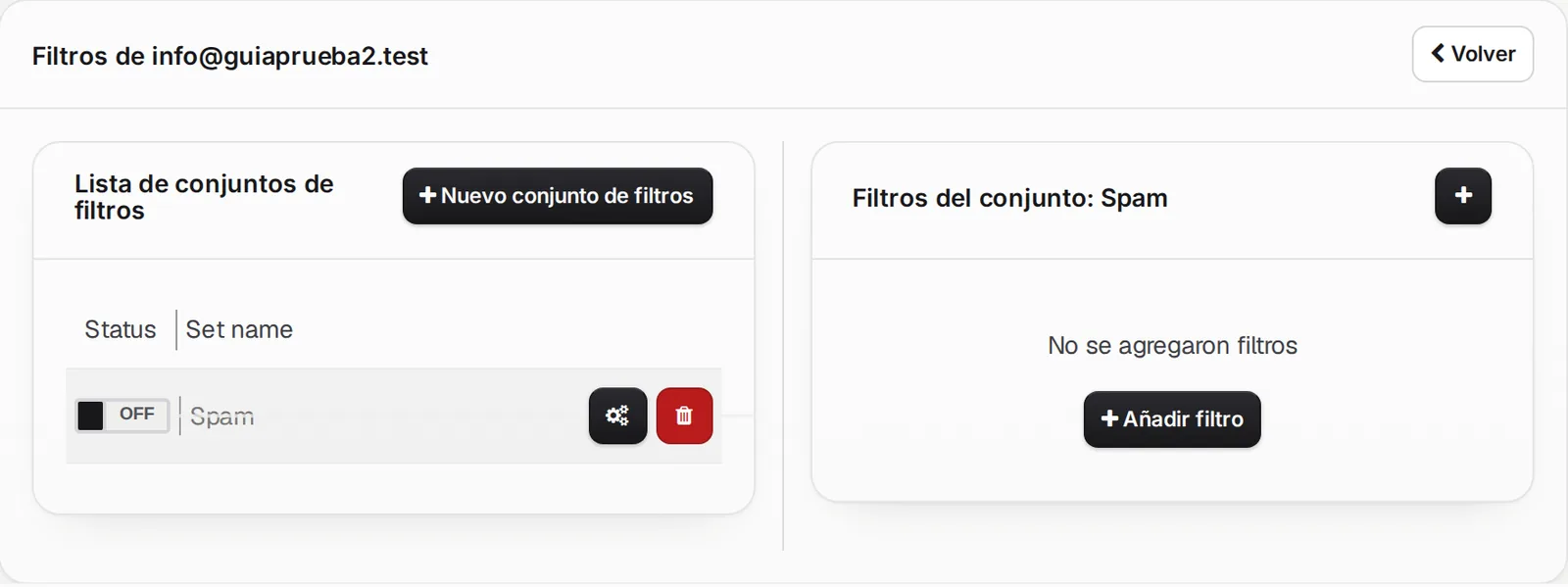 Conjunto de filtros Spam recién creado, todavía apagado, con el botón Añadir filtro