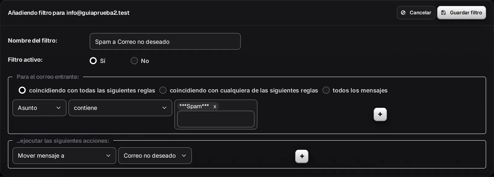 Formulario del filtro: Asunto contiene ***Spam***, Mover mensaje a Correo no deseado