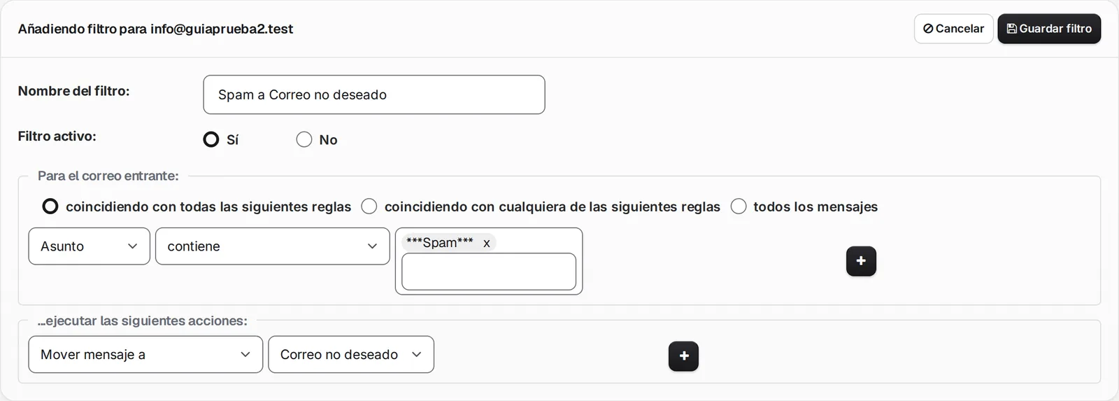 Formulario del filtro: Asunto contiene ***Spam***, Mover mensaje a Correo no deseado