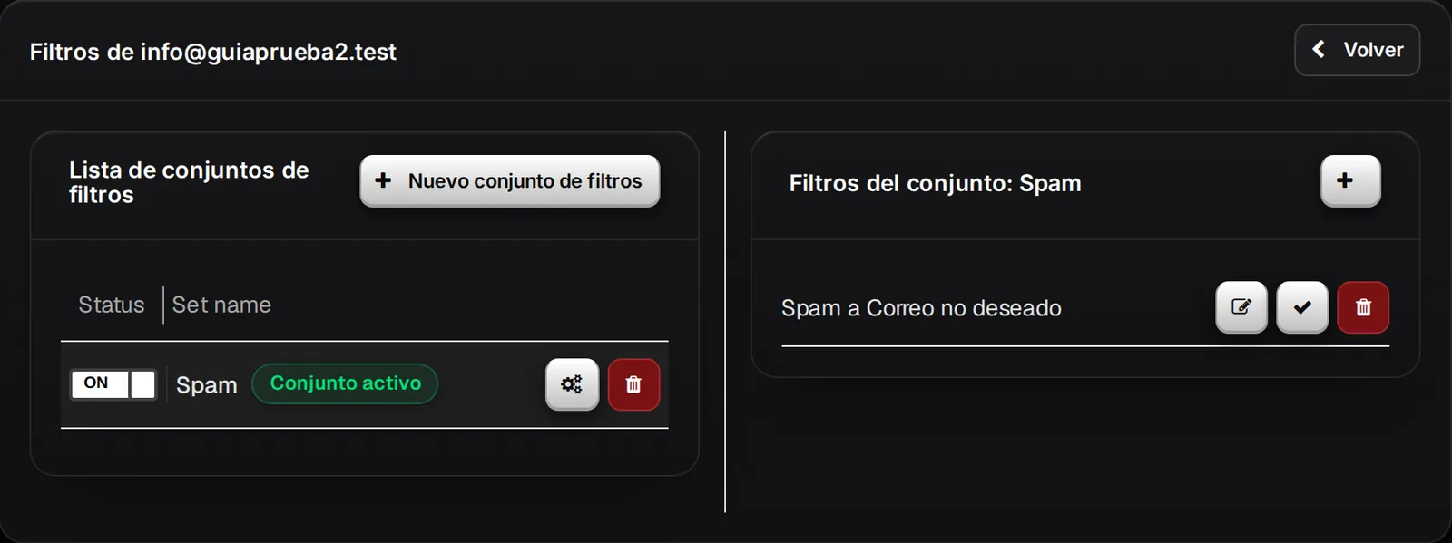 Conjunto Spam en ON, marcado como Conjunto activo, con su filtro