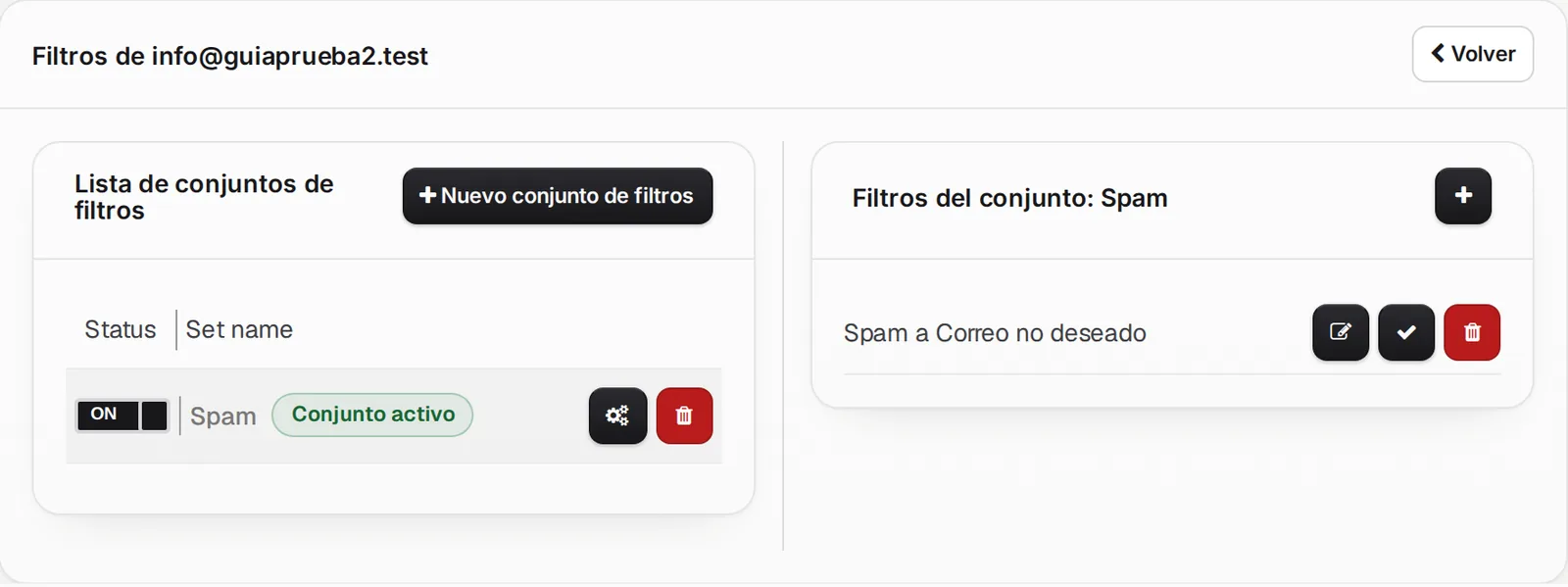 Conjunto Spam en ON, marcado como Conjunto activo, con su filtro